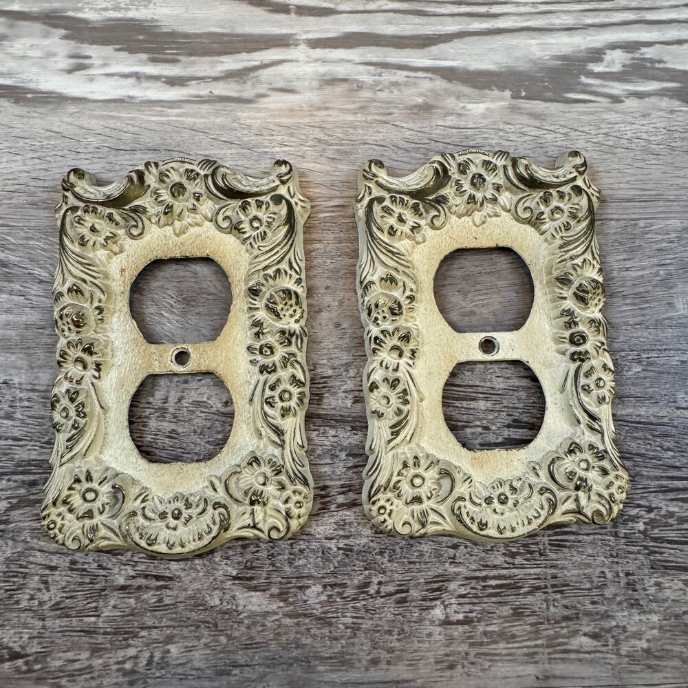 Vintage 50s Ornate Floral Metal Duplex Outlet Covers Pair Cream Gold Hollywood